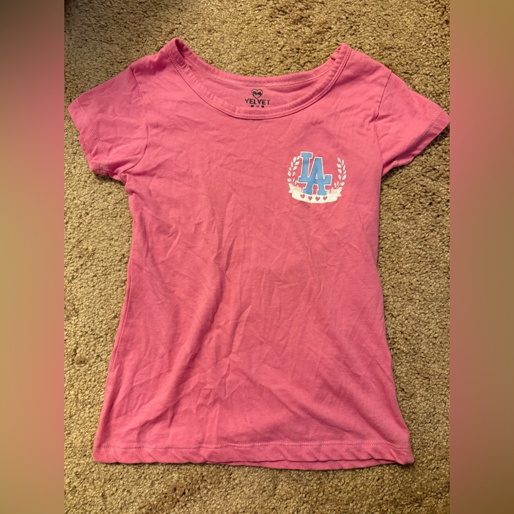 Velvet Pink Tee with Blue LA Emblem